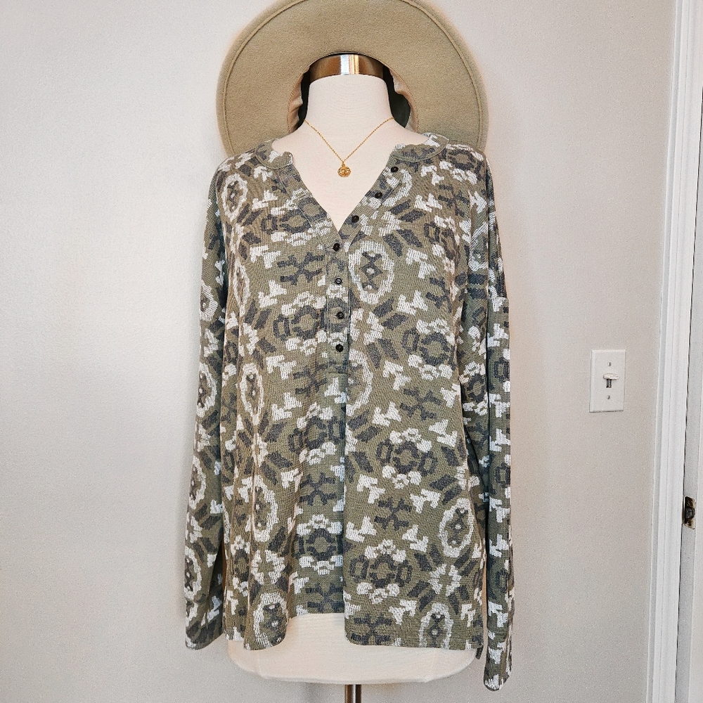 Lucky Brand Green Waffle Knit Shirt Long Sleeve Tee Top Aztec 1/4 Button Large